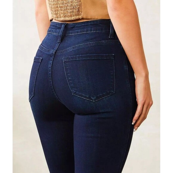 Flying Monkey High Rise Flare Jeans 26x34 Dark Blue Stretch Denim Raw Frayed Hem - Picture 2 of 8